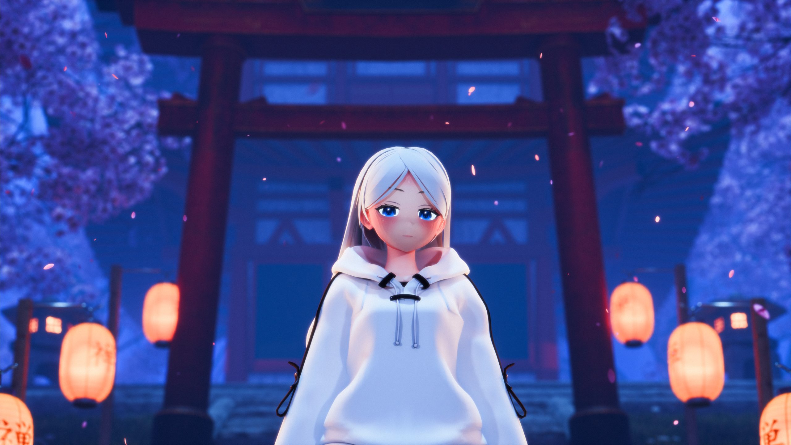 xeris, in white, before a torii gate among lanterns and blossom