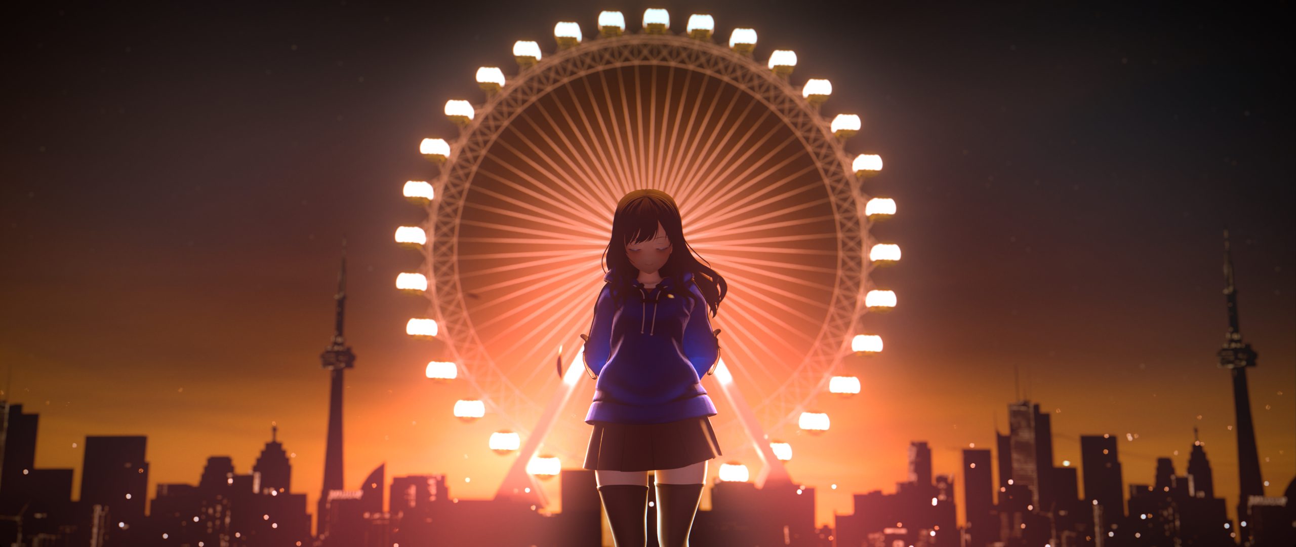 a figure before a lit ferris wheel against the night skyline