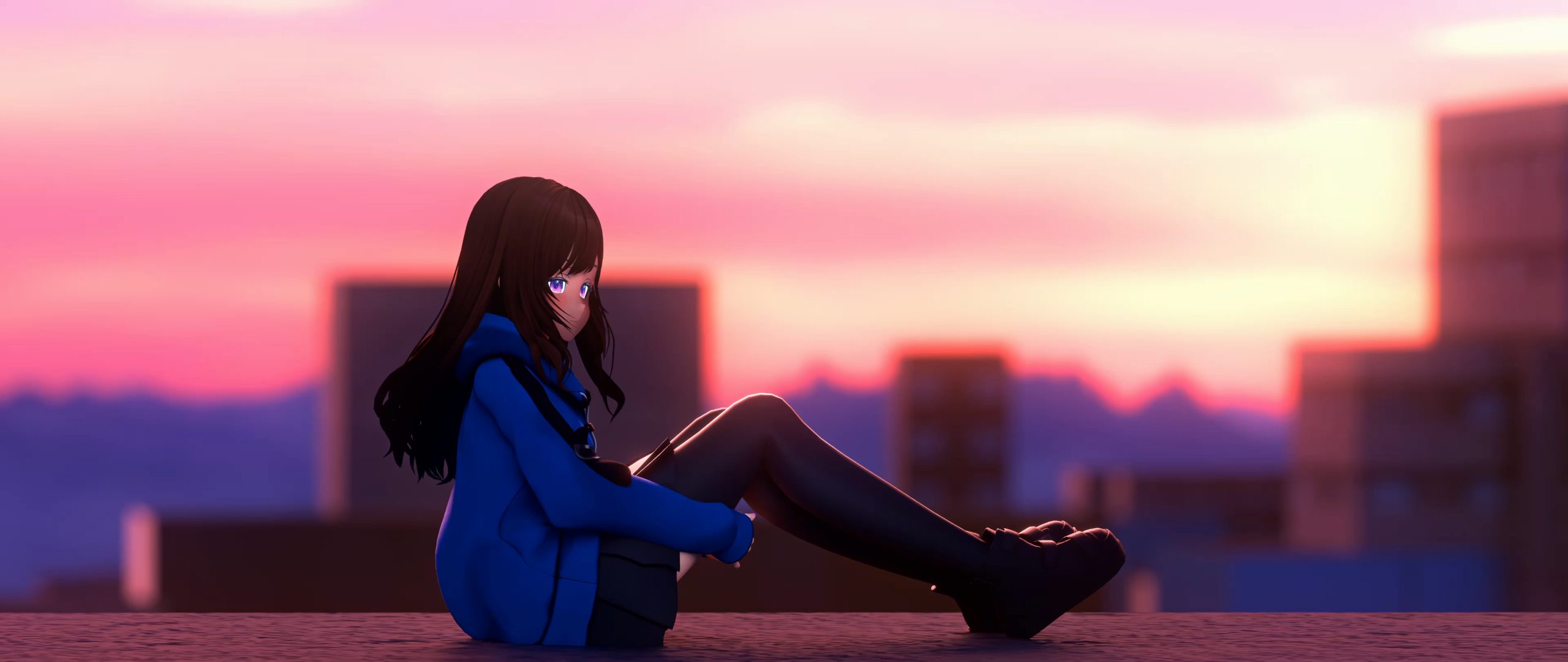 xeu, in blue, on a rooftop at sunset