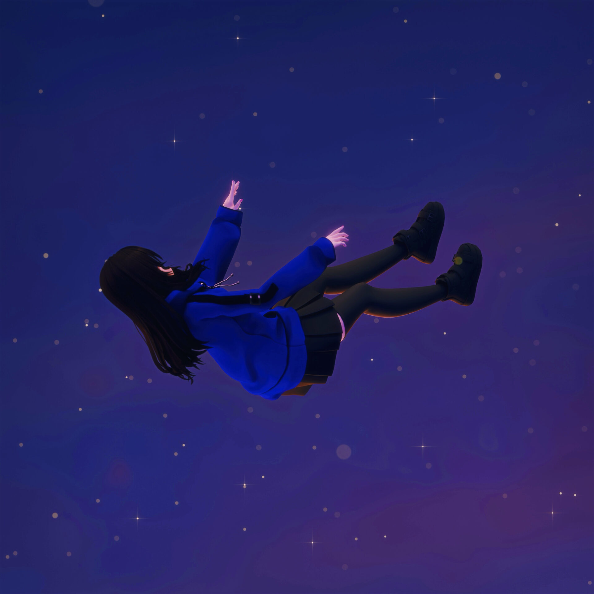 a figure falling gently through a deep starlit sky